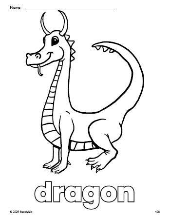 Free printable dragon coloring page for preschool, pre-k, and kindergarten, PDF