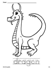 Free printable dragon coloring page and word tracing worksheet, letter formation guides, perfect for preschool, pre-k, and kindergarten, PDF