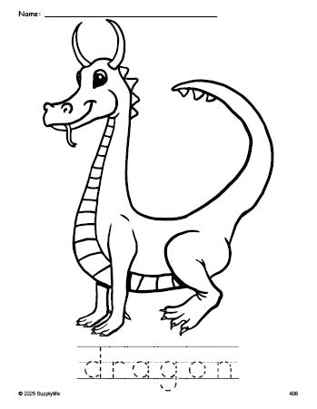 Free printable dragon coloring page and word tracing worksheet, perfect for preschool, pre-k, and kindergarten, PDF