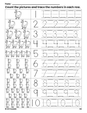 Free printable dragon counting worksheet for preschool and pre-k with number tracing practice 1-10, PDF