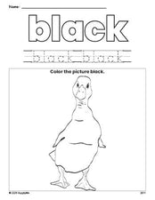 Free duck color black coloring page and color worksheet, black worksheet for preschoolers to learn colors, printable PDF