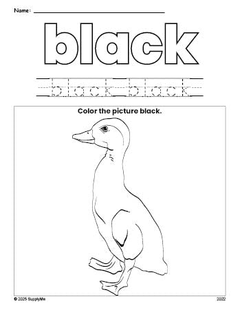 Free duck color black coloring page and color worksheet, black worksheet for preschoolers to learn colors, printable PDF