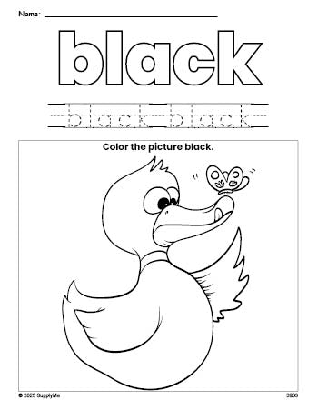 Free duck color black coloring page and color worksheet, black worksheet for preschoolers to learn colors, printable PDF