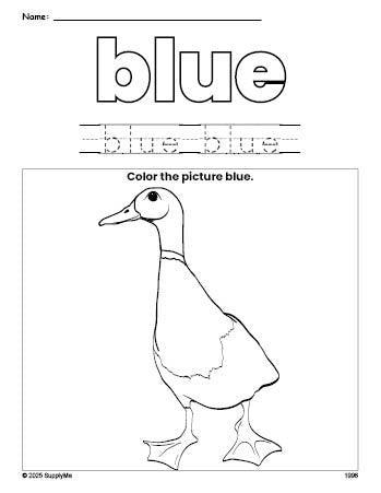 Free duck color blue coloring page and color worksheet, blue worksheet for preschoolers to learn colors, printable PDF