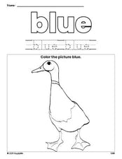 Free duck color blue coloring page and color worksheet, blue worksheet for preschoolers to learn colors, printable PDF