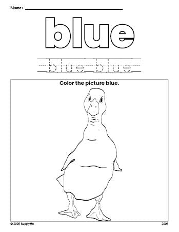 Free duck color blue coloring page and color worksheet, blue worksheet for preschoolers to learn colors, printable PDF