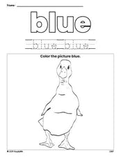 Free duck color blue coloring page and color worksheet, blue worksheet for preschoolers to learn colors, printable PDF