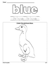 Free duck color blue coloring page and color worksheet, blue worksheet for preschoolers to learn colors, printable PDF