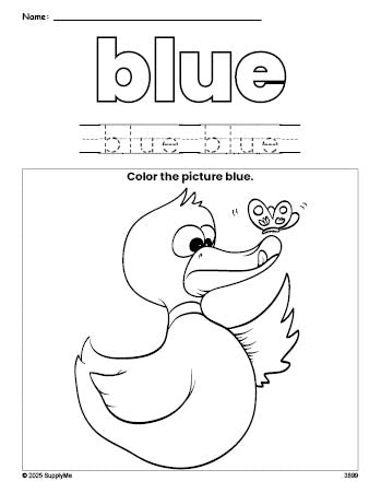 Free duck color blue coloring page and color worksheet, blue worksheet for preschoolers to learn colors, printable PDF