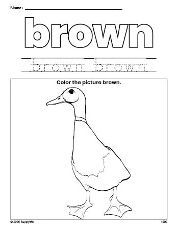 Free duck color brown coloring page and color worksheet, brown worksheet for preschoolers to learn colors, printable PDF