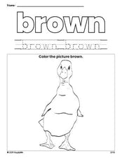 Free duck color brown coloring page and color worksheet, brown worksheet for preschoolers to learn colors, printable PDF