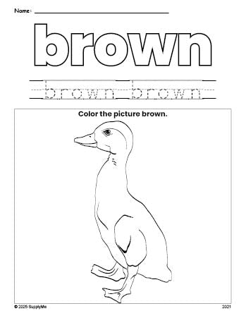 Free duck color brown coloring page and color worksheet, brown worksheet for preschoolers to learn colors, printable PDF