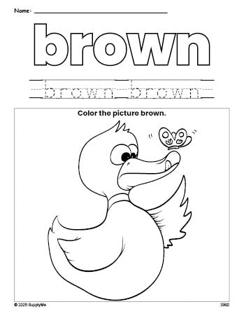 Free duck color brown coloring page and color worksheet, brown worksheet for preschoolers to learn colors, printable PDF