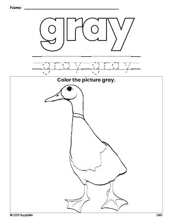 Free duck color gray coloring page and color worksheet, gray worksheet for preschoolers to learn colors, printable PDF