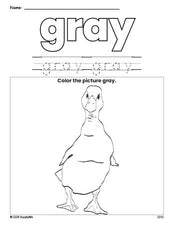 Free duck color gray coloring page and color worksheet, gray worksheet for preschoolers to learn colors, printable PDF