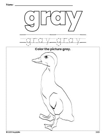 Free duck color gray coloring page and color worksheet, gray worksheet for preschoolers to learn colors, printable PDF