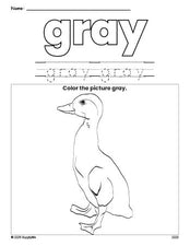 Free duck color gray coloring page and color worksheet, gray worksheet for preschoolers to learn colors, printable PDF