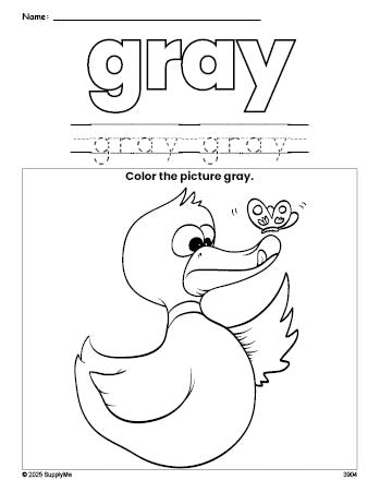 Free duck color gray coloring page and color worksheet, gray worksheet for preschoolers to learn colors, printable PDF