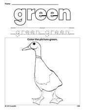 Free duck color green coloring page and color worksheet, green worksheet for preschoolers to learn colors, printable PDF