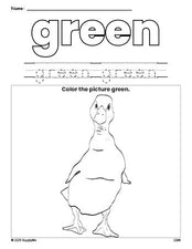 Free duck color green coloring page and color worksheet, green worksheet for preschoolers to learn colors, printable PDF