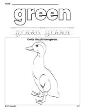 Free duck color green coloring page and color worksheet, green worksheet for preschoolers to learn colors, printable PDF