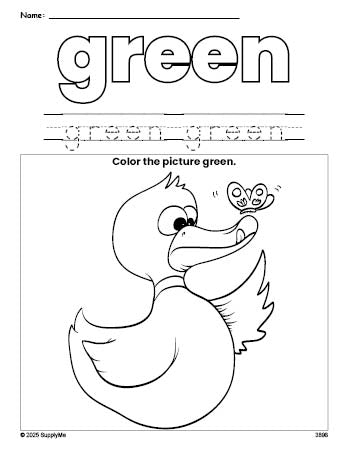 Free duck color green coloring page and color worksheet, green worksheet for preschoolers to learn colors, printable PDF