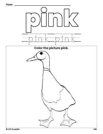 Free duck color pink coloring page and color worksheet, pink worksheet for preschoolers to learn colors, printable PDF