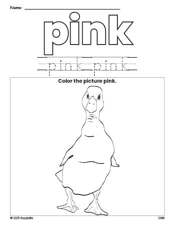 Free duck color pink coloring page and color worksheet, pink worksheet for preschoolers to learn colors, printable PDF