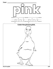 Free duck color pink coloring page and color worksheet, pink worksheet for preschoolers to learn colors, printable PDF