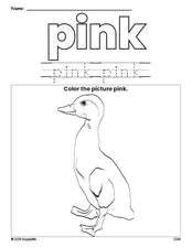 Free duck color pink coloring page and color worksheet, pink worksheet for preschoolers to learn colors, printable PDF