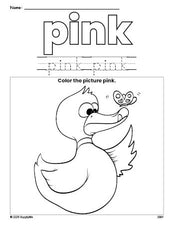 Free duck color pink coloring page and color worksheet, pink worksheet for preschoolers to learn colors, printable PDF