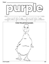 Free duck color purple coloring page and color worksheet, purple worksheet for preschoolers to learn colors, printable PDF