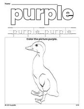 Free duck color purple coloring page and color worksheet, purple worksheet for preschoolers to learn colors, printable PDF