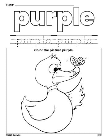 Free duck color purple coloring page and color worksheet, purple worksheet for preschoolers to learn colors, printable PDF