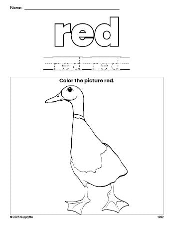 Free duck color red coloring page and color worksheet, red worksheet for preschoolers to learn colors, printable PDF