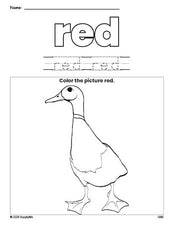 Free duck color red coloring page and color worksheet, red worksheet for preschoolers to learn colors, printable PDF