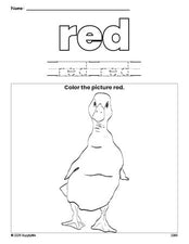 Free duck color red coloring page and color worksheet, red worksheet for preschoolers to learn colors, printable PDF