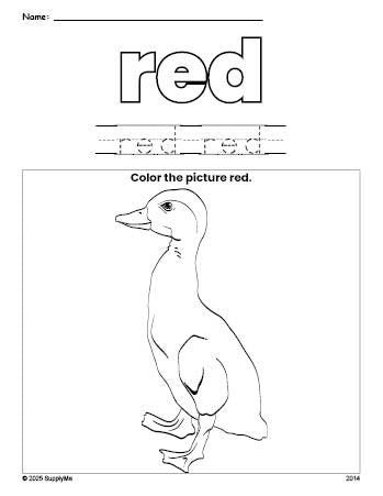 Free duck color red coloring page and color worksheet, red worksheet for preschoolers to learn colors, printable PDF