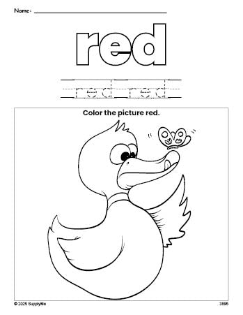 Free duck color red coloring page and color worksheet, red worksheet for preschoolers to learn colors, printable PDF