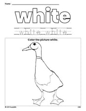 Free duck color white coloring page and color worksheet, white worksheet for preschoolers to learn colors, printable PDF