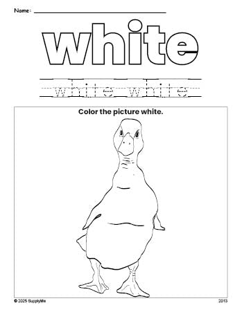 Free duck color white coloring page and color worksheet, white worksheet for preschoolers to learn colors, printable PDF