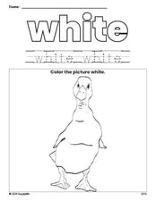 Free duck color white coloring page and color worksheet, white worksheet for preschoolers to learn colors, printable PDF