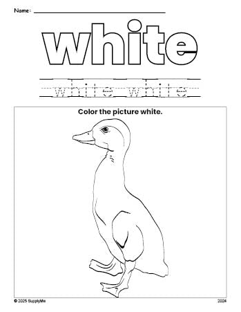 Free duck color white coloring page and color worksheet, white worksheet for preschoolers to learn colors, printable PDF