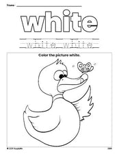 Free duck color white coloring page and color worksheet, white worksheet for preschoolers to learn colors, printable PDF