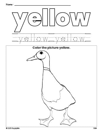 Free duck color yellow coloring page and color worksheet, yellow worksheet for preschoolers to learn colors, printable PDF