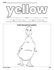 Free duck color yellow coloring page and color worksheet, yellow worksheet for preschoolers to learn colors, printable PDF