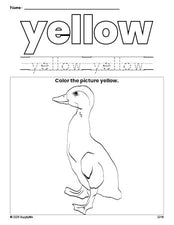 Free duck color yellow coloring page and color worksheet, yellow worksheet for preschoolers to learn colors, printable PDF