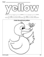 Free duck color yellow coloring page and color worksheet, yellow worksheet for preschoolers to learn colors, printable PDF