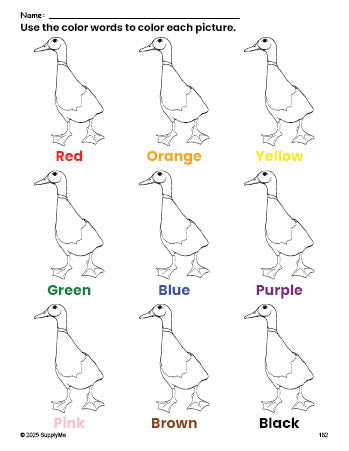 Free duck coloring page and color worksheet for preschoolers to learn colors, printable PDF