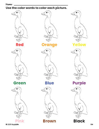 Free duck coloring page and color worksheet for preschoolers to learn colors, printable PDF